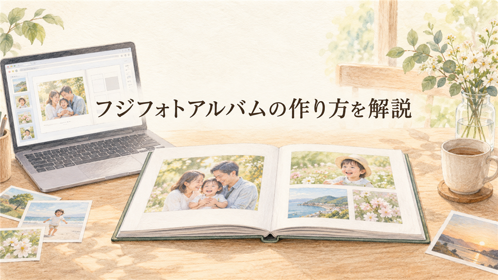 フジフォトアルバムの作り方を解説！Web編集・注文方法と写真配置の手順の結論を示す手書き図解
