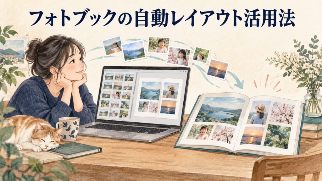 フォトブックの自動レイアウト活用法！フォトレボで作業時間を短縮する方法の結論を示す手書き図解