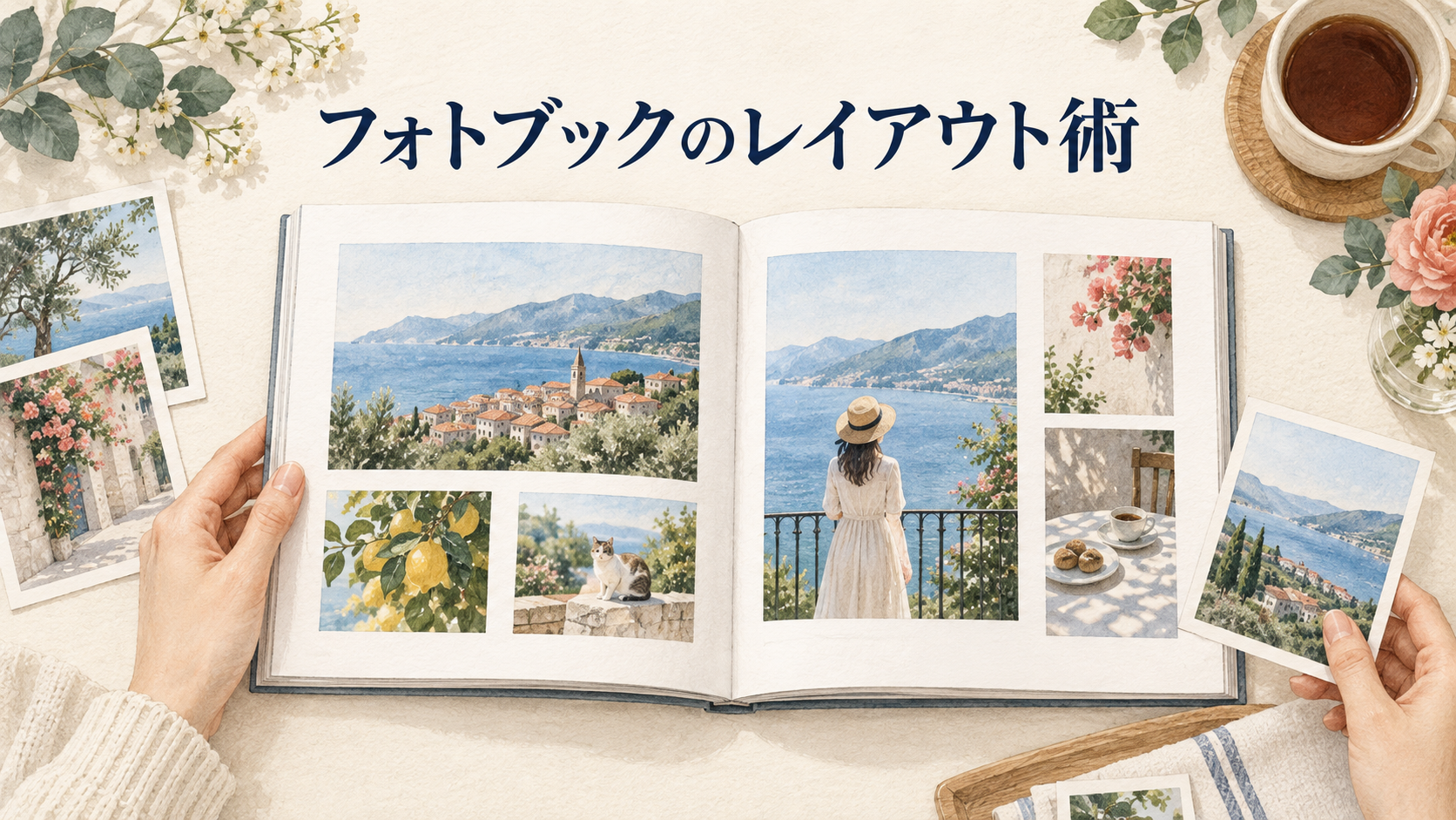 フォトブックのレイアウト術！写真配置・余白・見開きの構成例と3社比較の結論を示す手書き図解