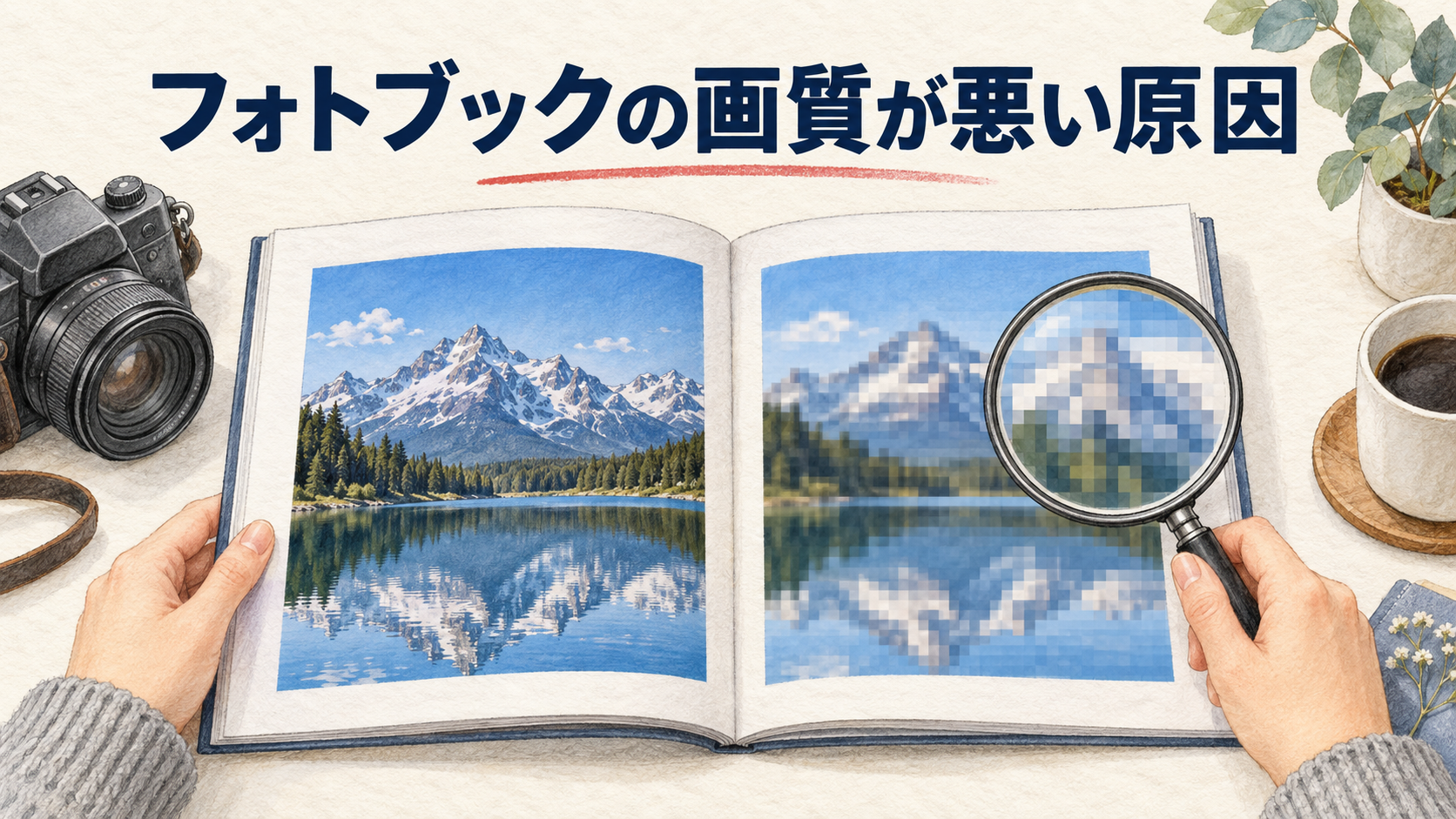 フォトブックの画質が悪い原因！写真の粗さ・ぼやけを防ぐ解像度対策の結論を示す手書き図解