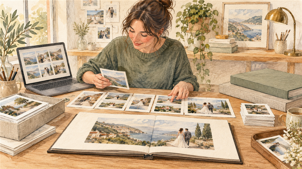 フジフォトアルバムを作る前に商品と写真を決めるの結論を示す手書き図解