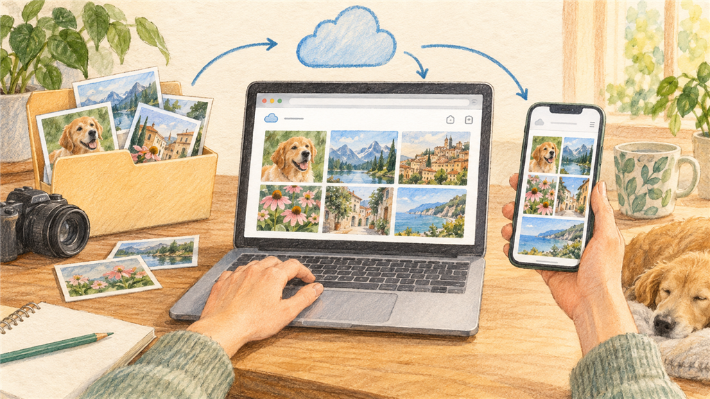 Web編集を始めて写真をアップロードするの結論を示す手書き図解