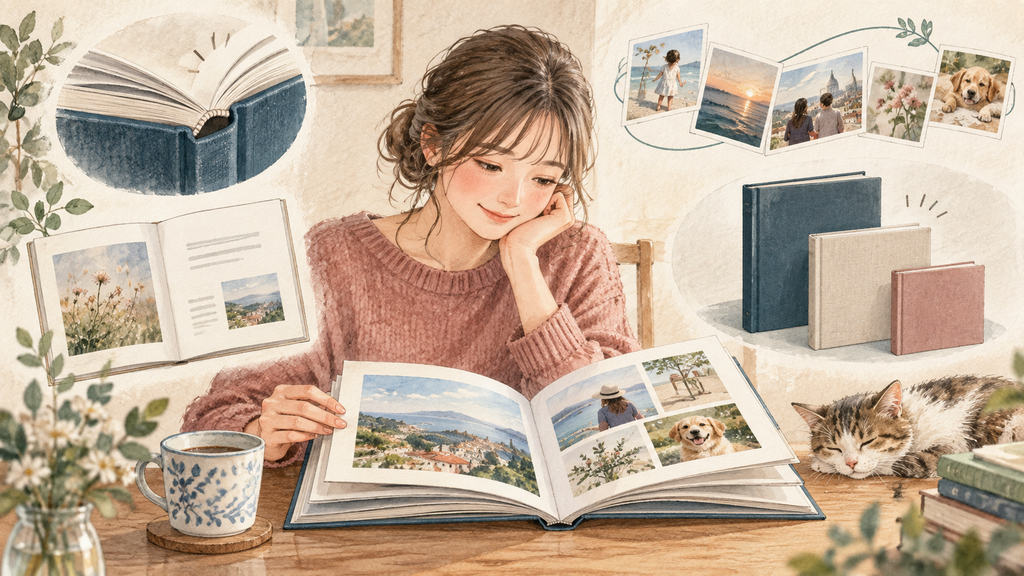 Photobackのメリットは装丁・文章・選びやすさの結論を示す手書き図解