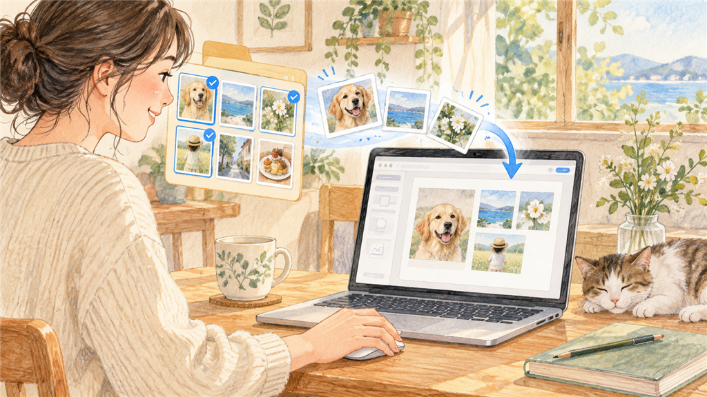 Web編集を始めて写真をアップロードするの結論を示す手書き図解