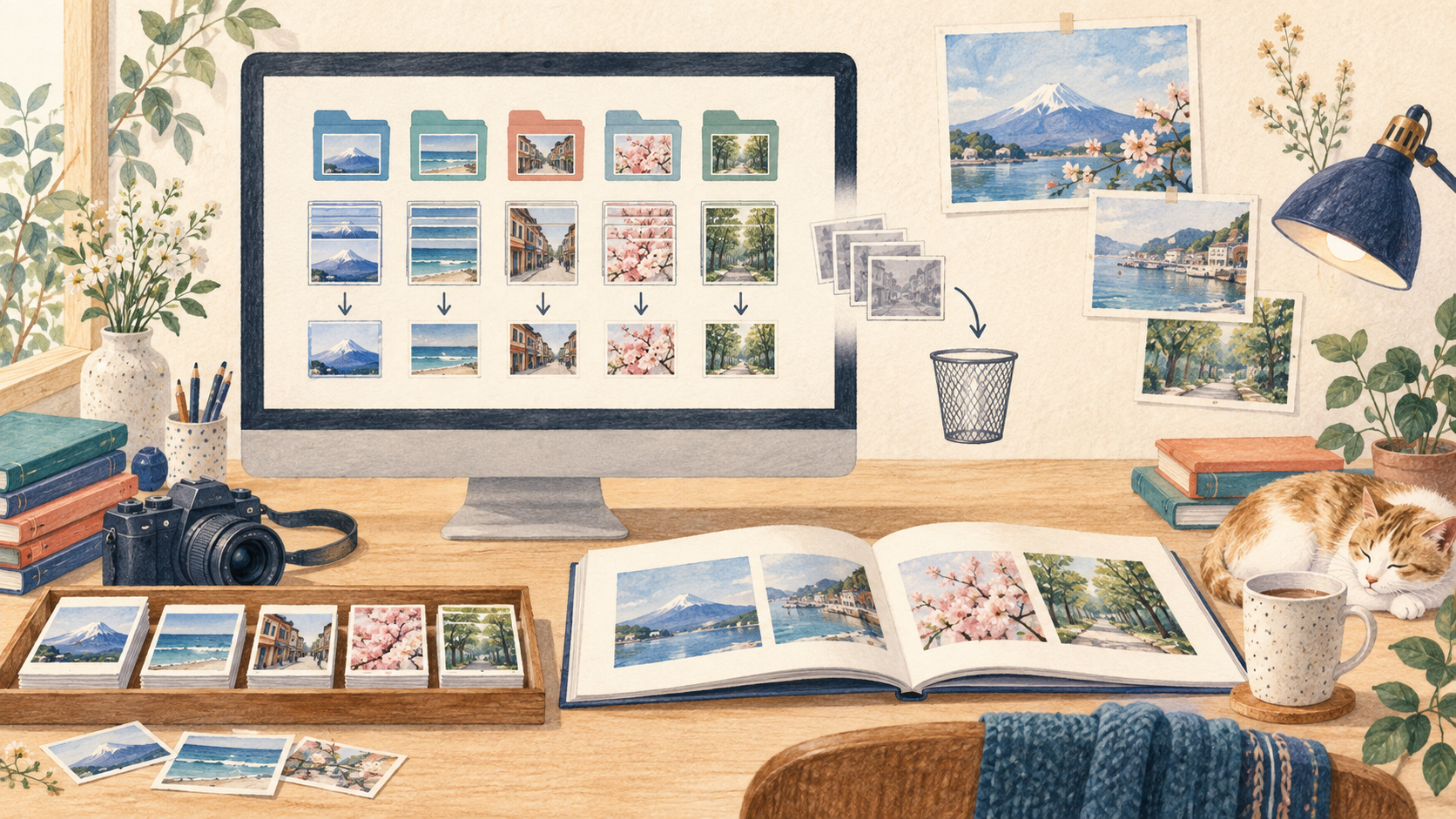 写真を自動配置前に整理するの結論を示す手書き図解