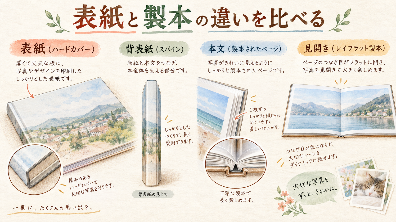 表紙と製本の違いを比べるの結論を示す手書き図解