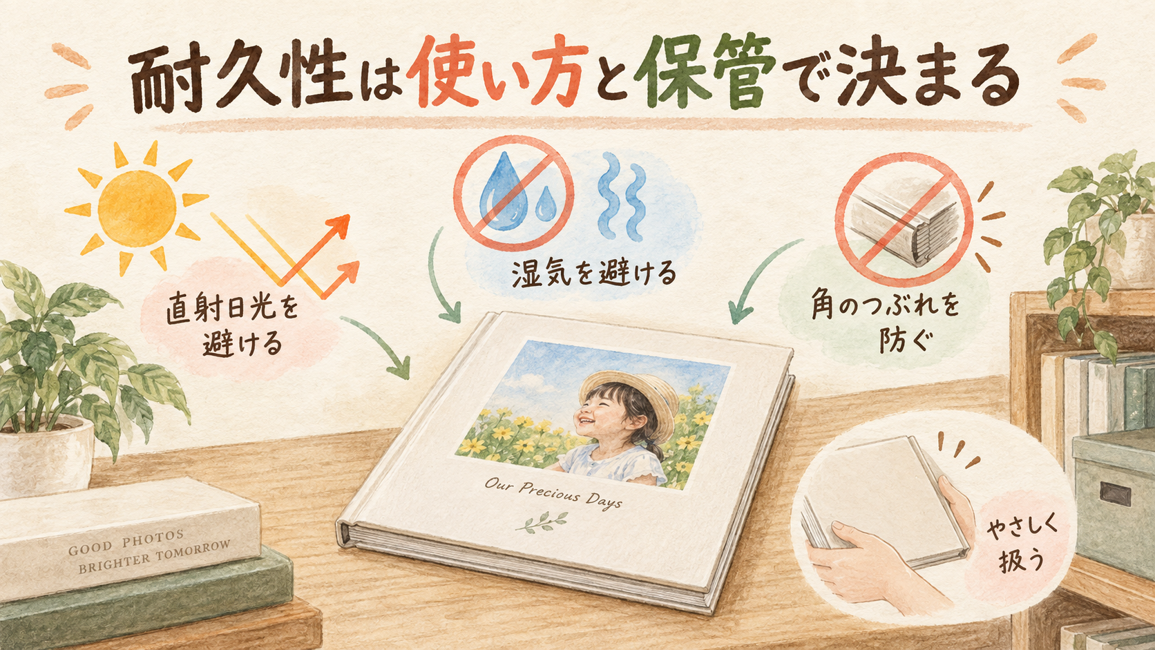 耐久性は使い方と保管で決まるの結論を示す手書き図解