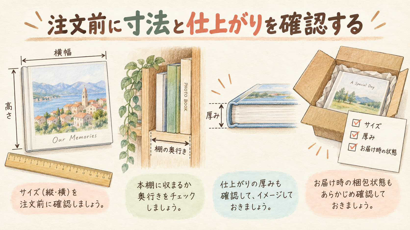 注文前に寸法と仕上がりを確認するの結論を示す手書き図解
