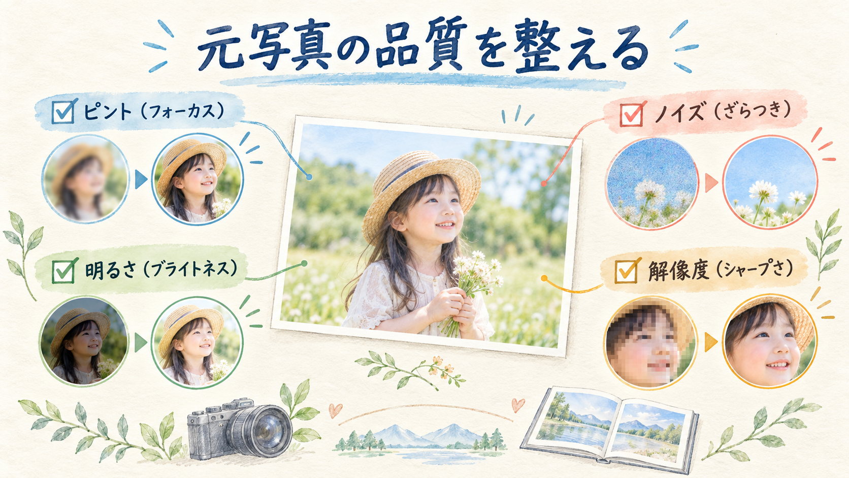 元写真の品質を整えるの結論を示す手書き図解