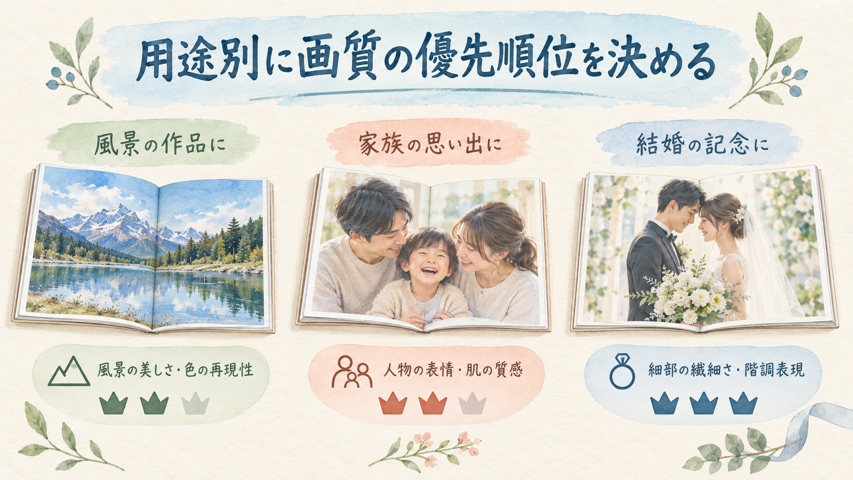 用途別に画質の優先順位を決めるの結論を示す手書き図解