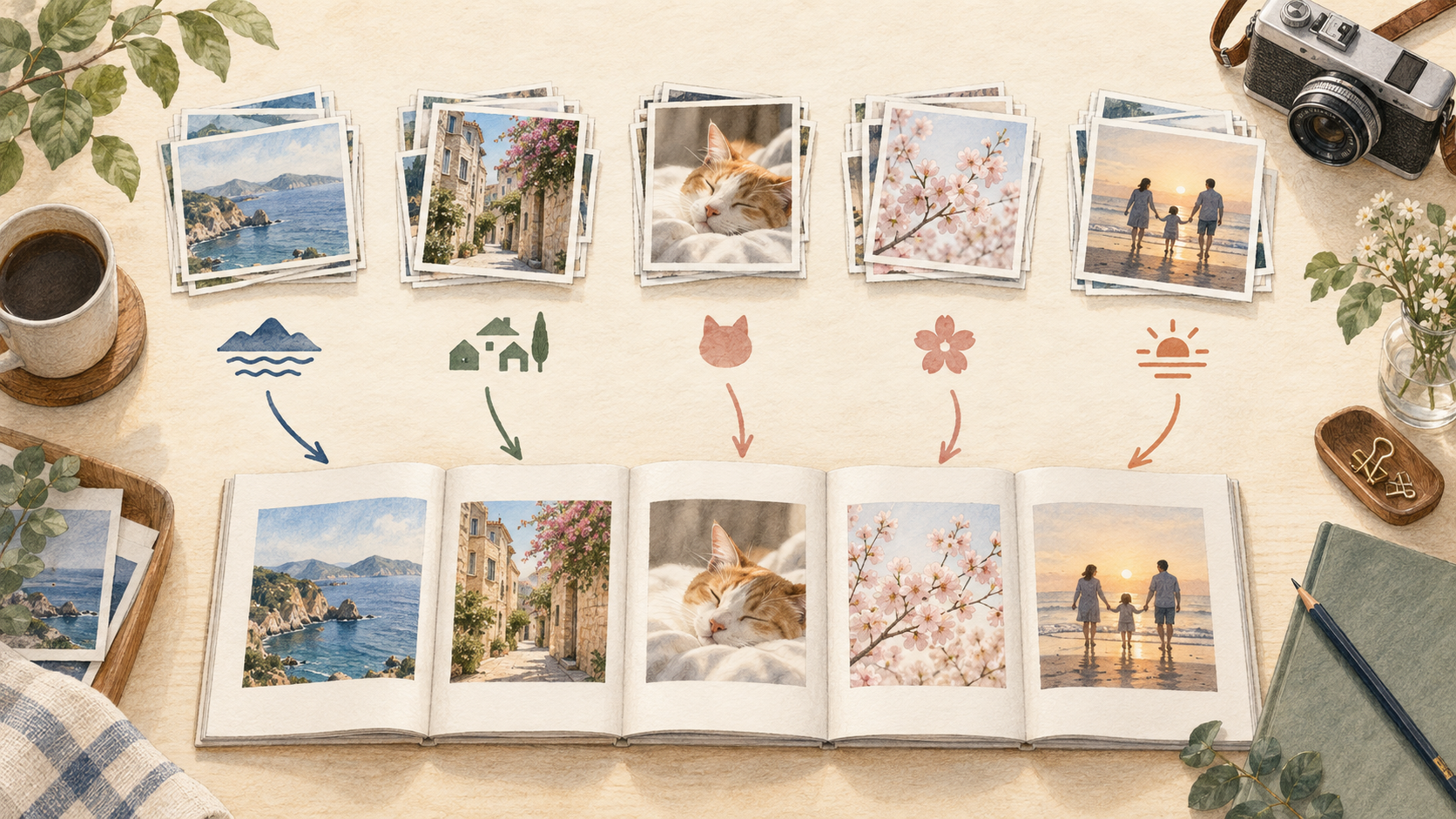 写真を置く前に構成を決めるの結論を示す手書き図解