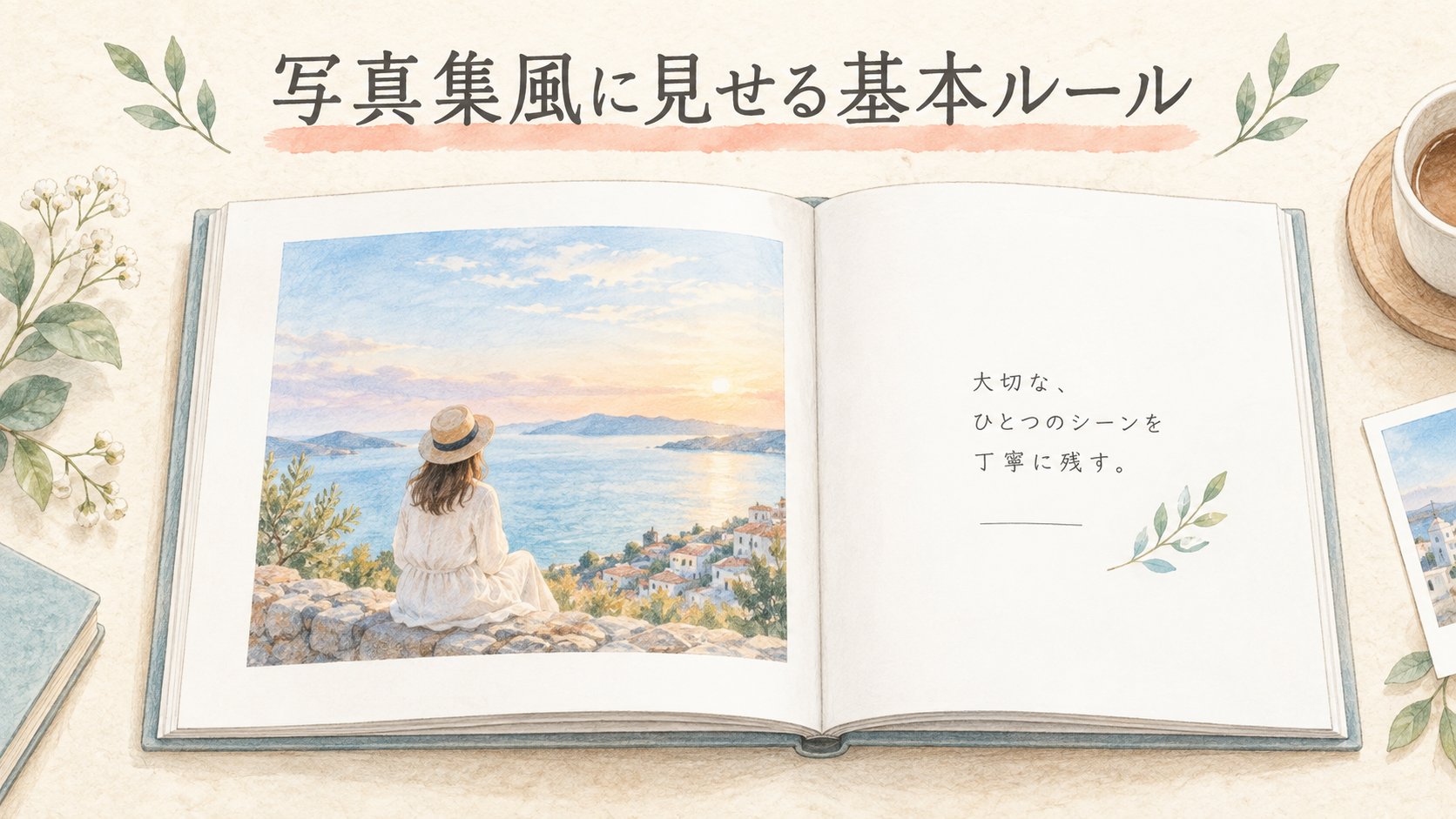 写真集風に見せる基本ルールの結論を示す手書き図解