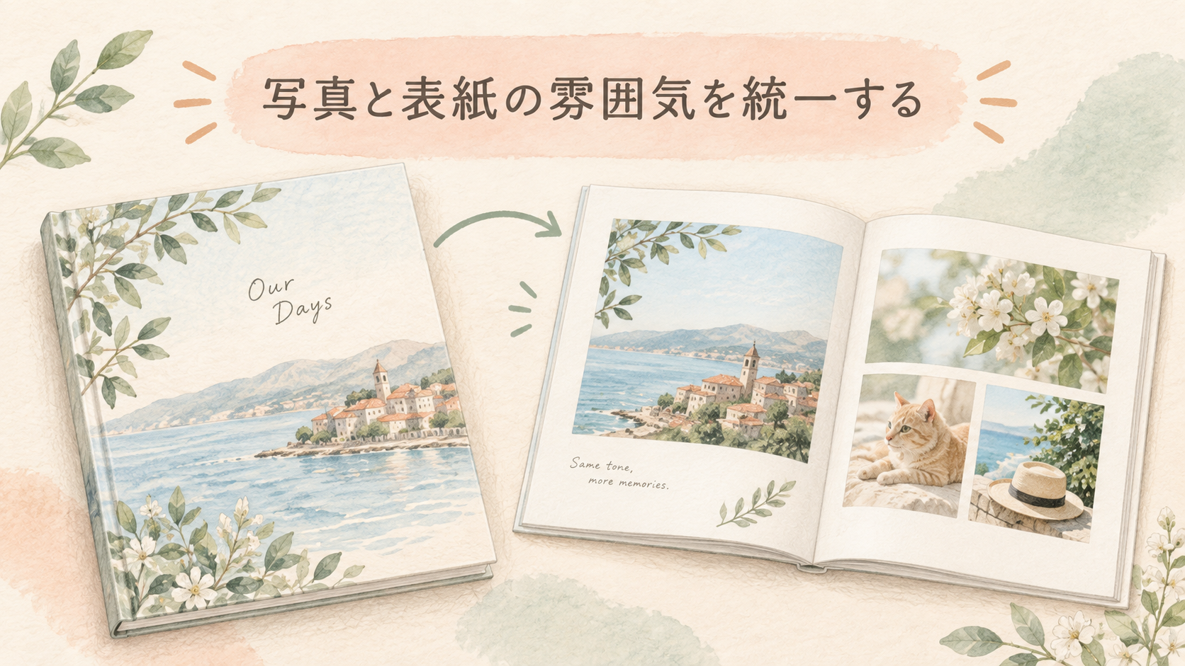 写真と表紙の雰囲気を統一するの結論を示す手書き図解