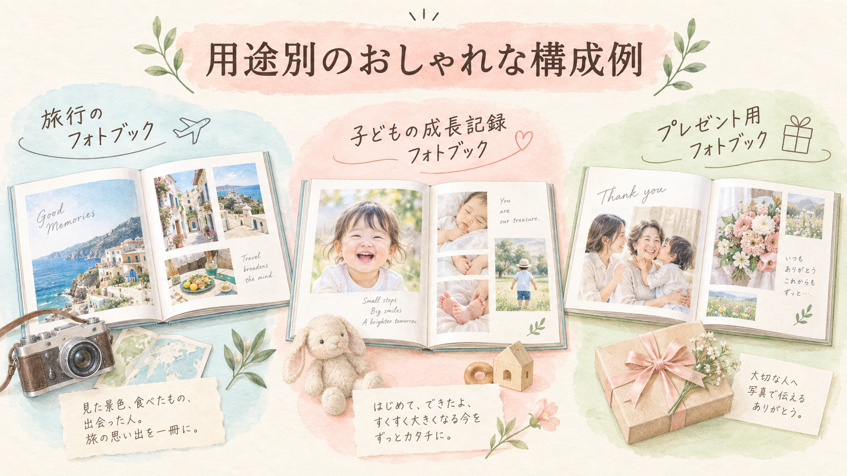 用途別のおしゃれな構成例の結論を示す手書き図解