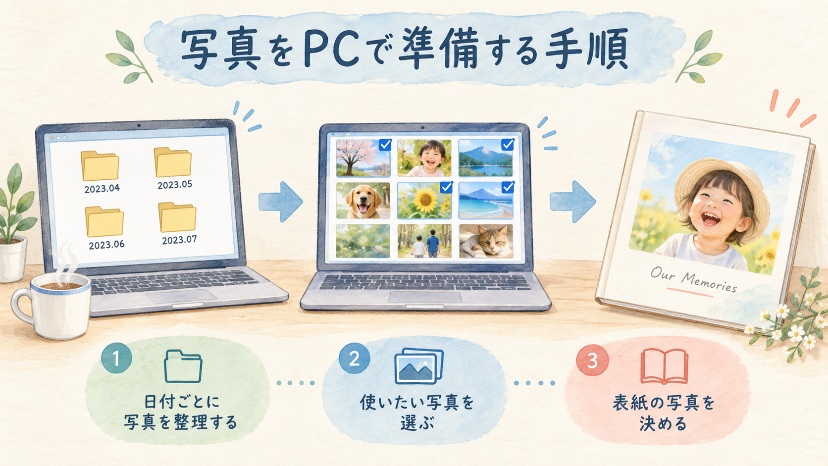 写真をPCで準備する手順の結論を示す手書き図解