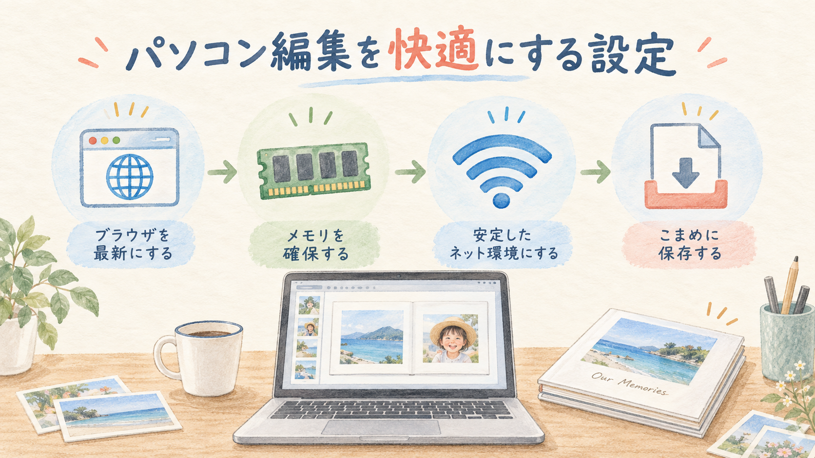 パソコン編集を快適にする設定の結論を示す手書き図解