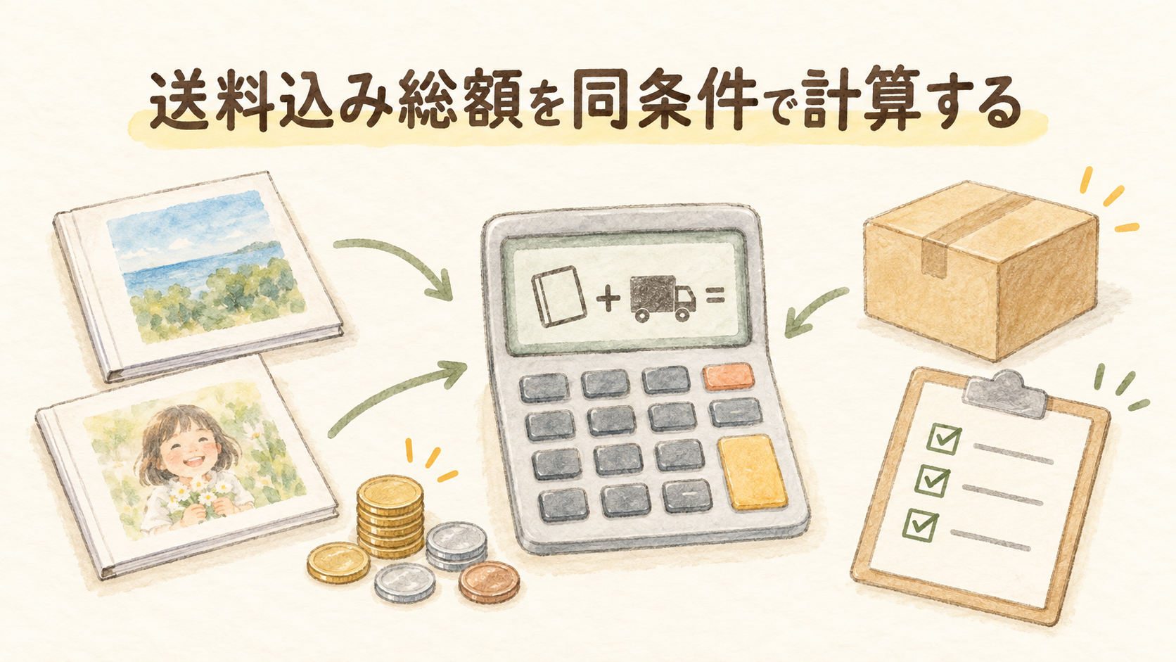 送料込み総額を同条件で計算するの結論を示す手書き図解