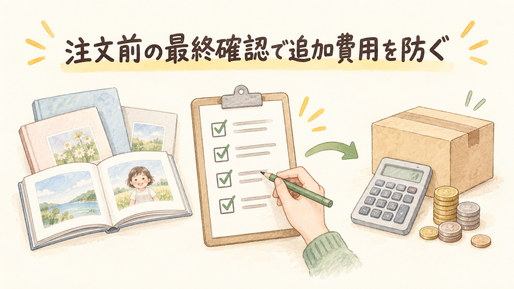 注文前の最終確認で追加費用を防ぐの結論を示す手書き図解