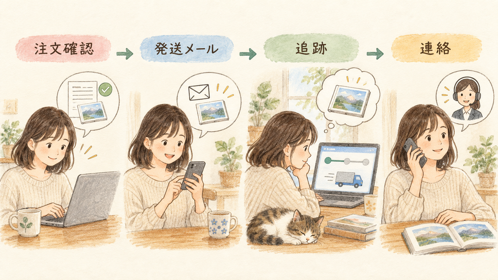 届かないときは出荷前後で確認先を分けるの結論を示す手書き図解