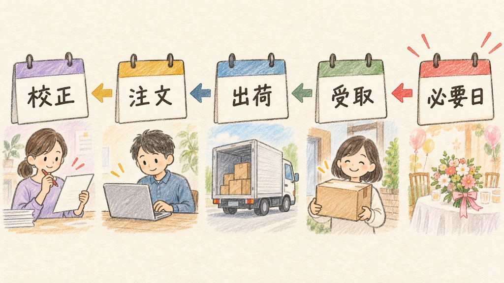 必要日から逆算して注文日を決めるの結論を示す手書き図解