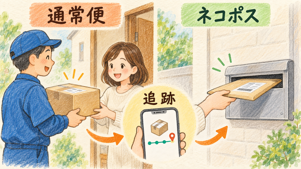 配送方法で受け取り方と指定条件が変わるの結論を示す手書き図解