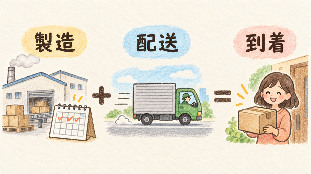 フォトレボの納期は出荷日と配送日で決まるの結論を示す手書き図解