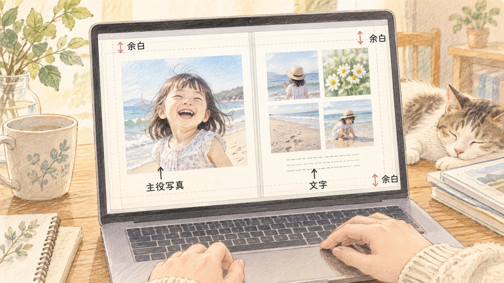 写真配置と文字入れをきれいに仕上げるの結論を示す手書き図解