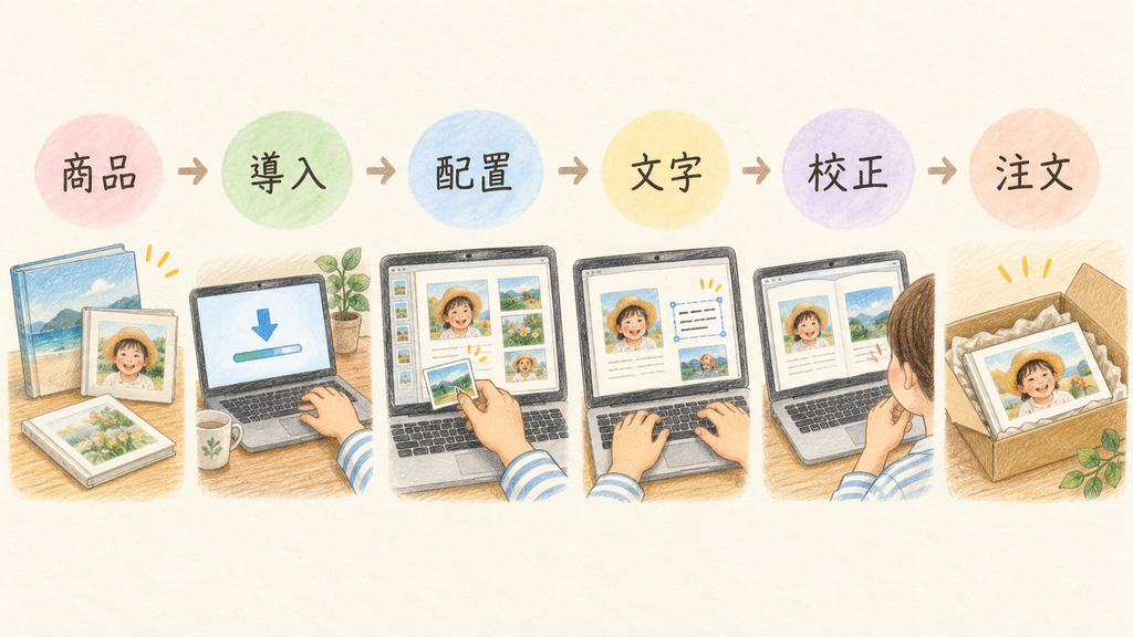 フォトレボの作り方は六つの手順で進めるの結論を示す手書き図解