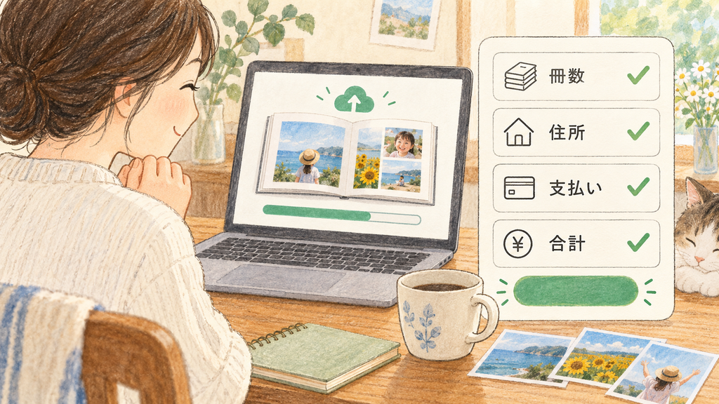 注文方法はアップロード後の画面で確定するの結論を示す手書き図解
