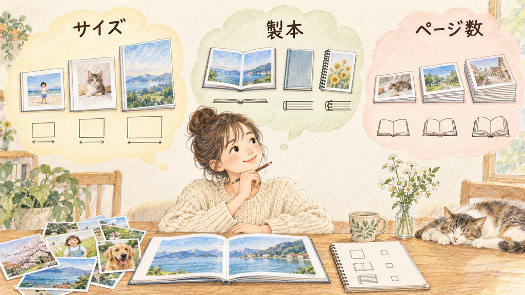 商品とページ数を決めて新規作成するの結論を示す手書き図解